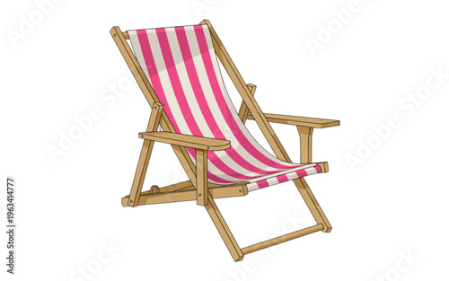 A vintage striped deck chair with woven wooden frame and red and white fabric isolated on transparent background