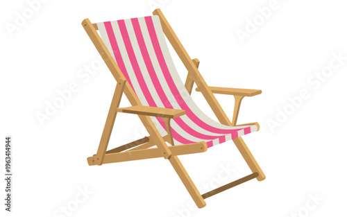 A classic wooden deck chair with red and white striped fabric isolated on transparent background
