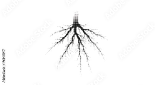 halftone illustration of branching lines forming tree roots or neural network on white background