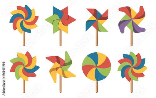 Colorful pinwheels spinning in a joyful arrangement with vibrant patterns isolated on transparent background