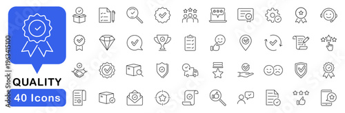 Quality control icon set. Quality icons in line style. Editable web icons for control, accuracy, efficiency, performance, industry, production. Vector illustration.