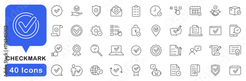 Checkmark icon set. Approval icons in line style. Editable web icons for agreement, vote, confirmation, choise, validation, completed tasks and verified status. Vector illustration.