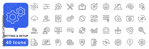 Setting icon set. Setup icons in line style. Editable web icons for statistics data, installation, configuration, service, customization, system update, maintenance, optionetc. Vector illustration.