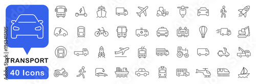 Transport icons set. Transportation icons in line style. Editable web icons auto, vehicle, bus, truck, train, subway, ship, plane, on foot etc. Vector illustration.