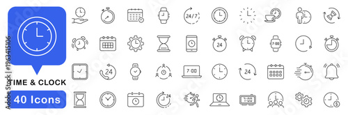 Time icons set. Time and clock icons in line style. Editable web icons timer, watch, speed, calendar, alarm clock, date and time management. Vector illustration.