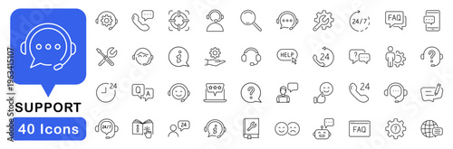 Support service icon set. Customer support icons in line style. Editable web icons for help, communication, support, customer service, FAQs, website, feedback etc. Vector illustration.