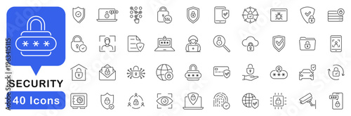 Security icon set. Protection icons in line style. Editable web icons safety, privacy, secure login, fingerprint, biometric, shield, lock, password etc. Vector illustration.