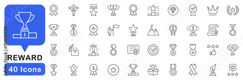 Reward icon set. Award icons in line style. Editable web icons bonus, benefit, offer, medal, champion, winner, succes, achievement, prize. etc. Vector illustration.