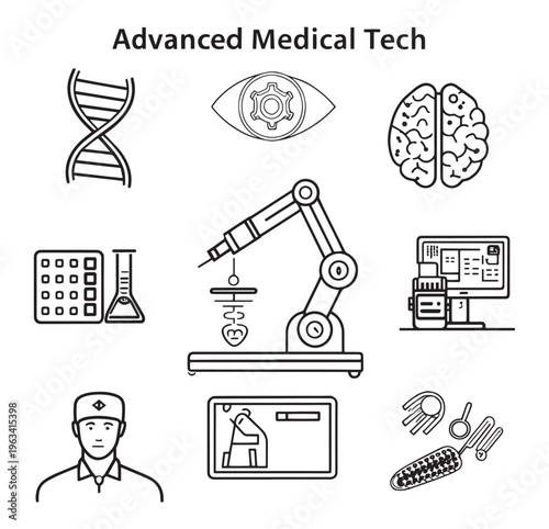 A comprehensive set of "Advanced Medical Tech" outline icons, featuring DNA strands, a bionic eye, a human brain, a robotic arm performing precise work, a doctor, a medical monitor, and various medica