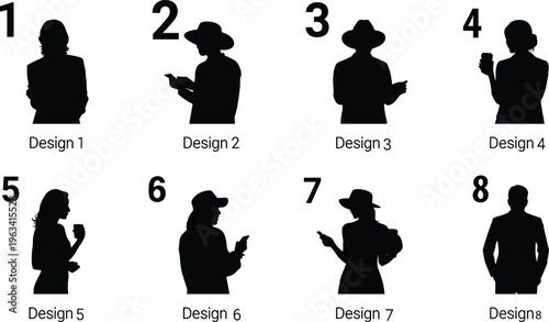 Collection of people silhouettes using smartphones, modern communication poses, male and female characters with mobile devices isolated on white background