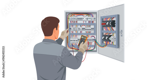 An electrician in a grey uniform uses a multimeter to test an open electrical panel filled with wires and circuit breakers.
