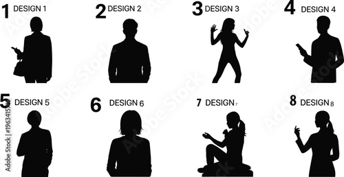 People silhouette collection with expressive poses and smartphones, male and female characters in modern lifestyle isolated on white background