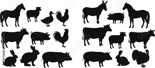 Farm animal silhouette collection with horse, cow, pig, sheep, rabbit and poultry shapes, livestock vector set isolated on white background for agriculture design