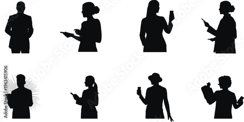 People silhouettes using smartphones and tablets, modern digital communication concept, male and female characters with devices isolated on white background