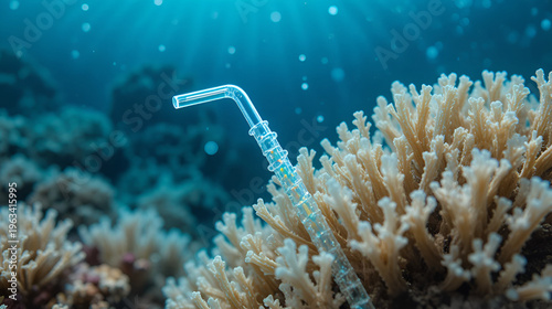A striking visual metaphor of a plastic straw entangled with the delicate fronds of a coral reef, its toxic presence symbolizing the insidious threat posed by single-use plastics to fragile marine
