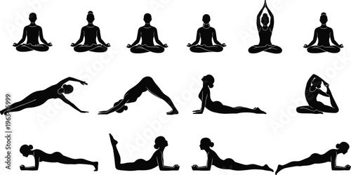 Set of yoga meditation and stretching silhouettes showing seated, relaxation and flexibility poses isolated on white background representing wellness and calm lifestyle