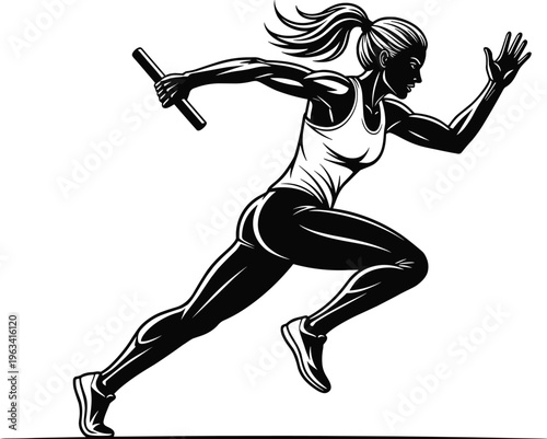 Silhouette of female relay runner sprinting with baton, track and field athlete, speed and endurance training, dynamic sports action vector illustration