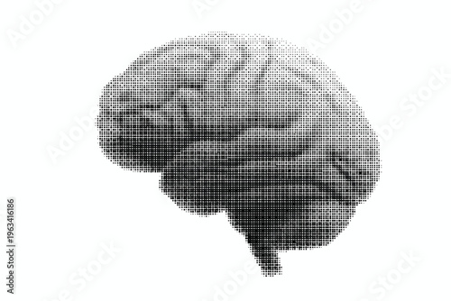 halftone illustration of human brain in grayscale on white background