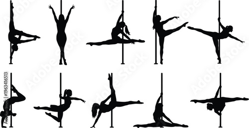 Silhouettes of athletic pole dancers performing artistic poses on vertical poles showcasing strength, flexibility, balance, and graceful movement