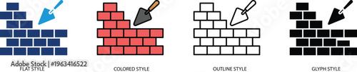 Brick wall and trowel icon representing construction, masonry and building. Concept of architecture, development and renovation for user interface, web and mobile application design.
