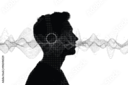 halftone illustration of man wearing headphones listening to music sound wave pattern