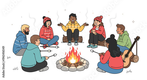 Diverse group of friends camping, sitting around campfire, roasting marshmallows, outdoor fun