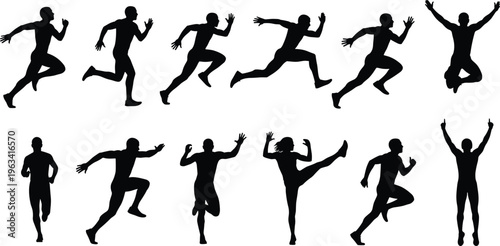 Silhouettes of athletes running and jumping in dynamic poses showcasing fitness, energy, celebration, and expressive sports motion illustration