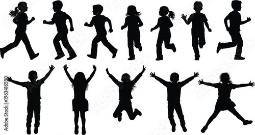 Silhouettes of children running, walking, and jumping in playful dynamic poses representing energy, joy, fitness, and childhood motion illustratio
