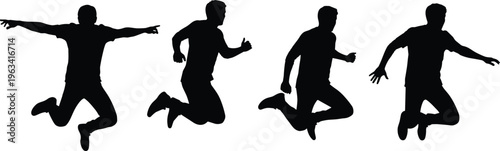 Silhouettes of people in mid-air jumping poses showing dynamic motion, energy, fitness, biomechanics, and sports illustration design