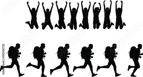 Silhouettes of people jumping and running with backpacks in dynamic motion poses for sports, fitness, animation, and design illustration