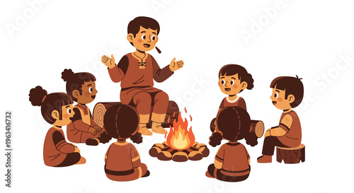 Vector illustration of children sitting around campfire, kids gathered around burning fire, cartoon people outdoors, campfire gathering