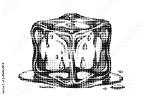 Halftone illustration of melting ice cube on white background