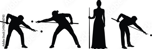 Silhouettes of people playing billiards and pool with cues in dynamic stances showcasing sports, leisure, posture, and motion illustration