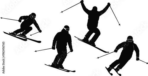 Silhouettes of skier in dynamic poses including turning, jumping, and gliding showcasing winter sports, motion, fitness, and performance