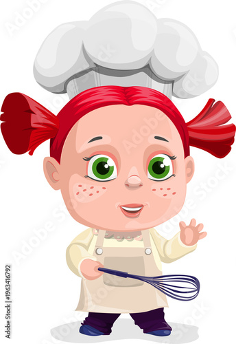 Cute Little Girl Chef Holding a Whisk - Junior Baker Character Illustration
