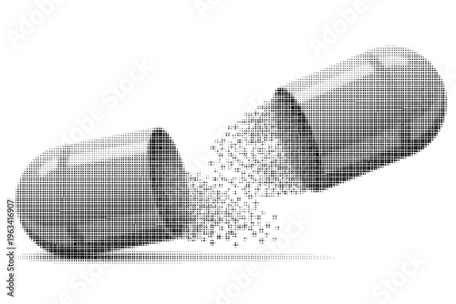 Halftone illustration of open medical capsule with pixels spilling out on white background