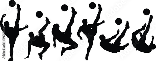 Soccer bicycle kick silhouettes sequence showing acrobatic overhead kick motion with ball, dynamic football action isolated on white background for sports design