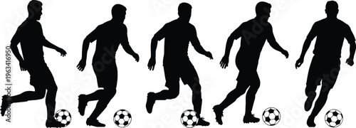 Soccer player dribbling silhouettes sequence showing football control motion, athletic sports action isolated on white background for training and design use
