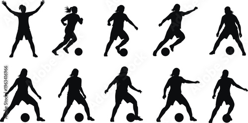 Soccer player silhouettes dribbling kicking and controlling ball in action poses isolated black vector illustration for sport training design use