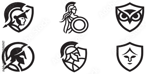 Collection of six shield emblems featuring warrior helmets and an owl head.