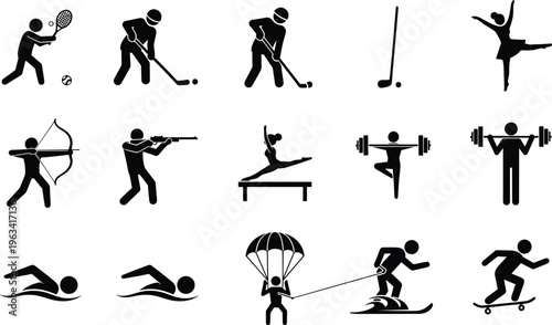 Sports icons silhouettes collection featuring tennis, hockey, archery, shooting, swimming, weightlifting, skateboarding and parachuting activities isolated on white background