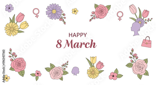 Various pastel flowers, female symbols, and women's silhouettes surround Happy 8 March text on a white background.
