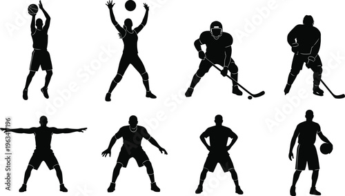 Sports player silhouettes set featuring basketball volleyball and hockey athletes action poses dynamic team sport vector illustration isolated on white background