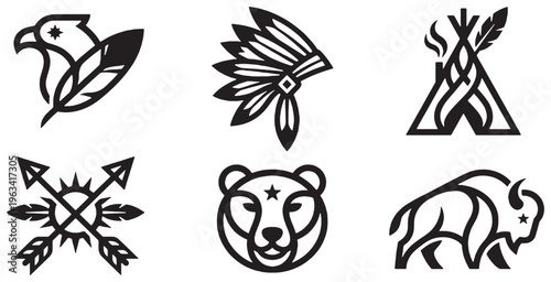 Collection of Native American inspired icons including an eagle, headdress, teepee, arrows, bear, and buffalo.