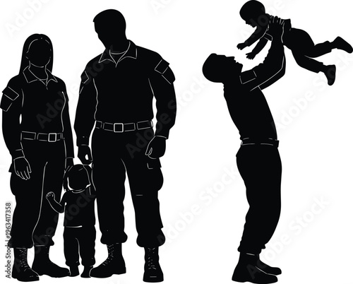 Black and White Silhouette Illustration of Military Parents with Children Representing Family Homecoming Veteran Support and Army Service Member Patriotism