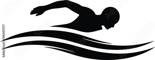 Swimming athlete silhouette with wave design showing freestyle motion isolated black vector illustration for sport fitness and aquatic branding use