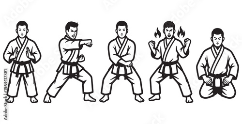 Collection of Karate Poses and Movements in a Line Drawing Style.