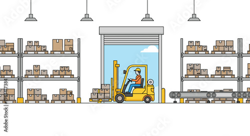 A yellow forklift moves a pallet of boxes through an open loading dock door inside a warehouse with shelves.