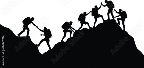 Team of hikers climbing mountain helping each other reach summit in silhouette isolated black vector illustration for teamwork adventure design