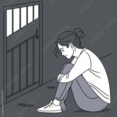 A sad woman sitting on the floor next to a prison cell door